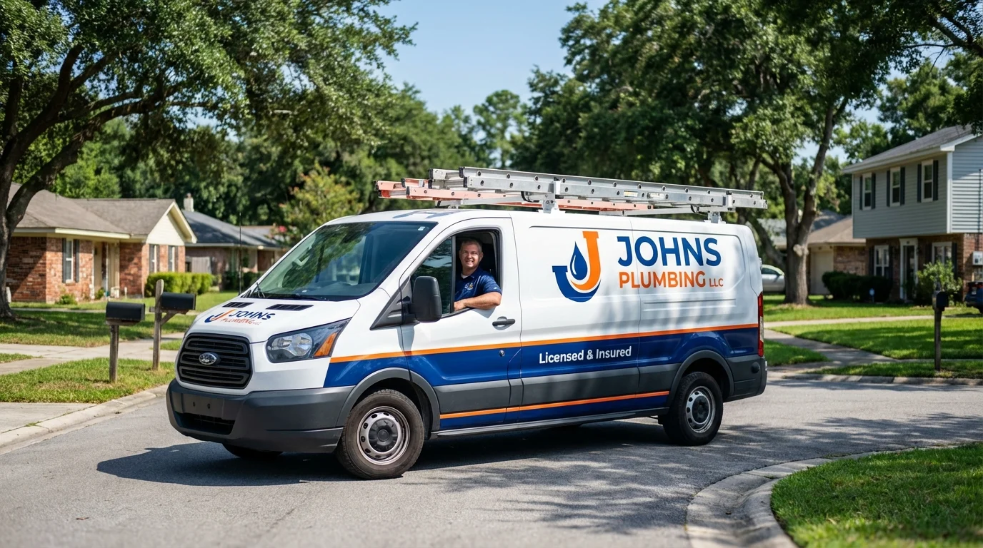 Johns Plumbing LLC service van in Hicksville, NY