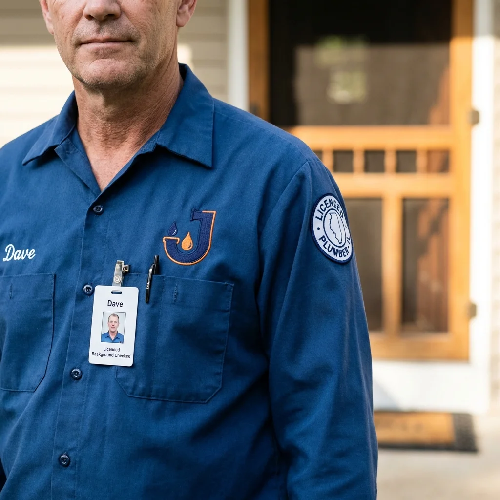 Licensed plumber showing ID badge in Hicksville, NY