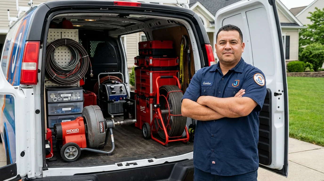 Professional drain cleaning equipment and Johns Plumbing LLC plumber in Hicksville
