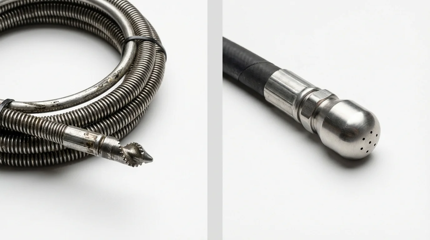 Drain snake cable and hydro jetting nozzle used for drain cleaning in Hicksville, NY