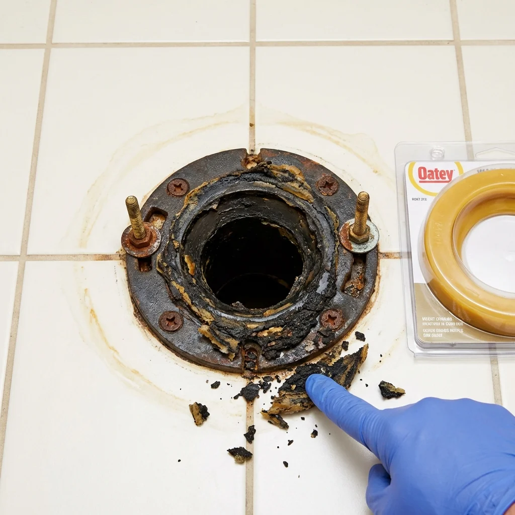 Failed wax ring showing water seepage at the base of a toilet in a Hicksville, NY home