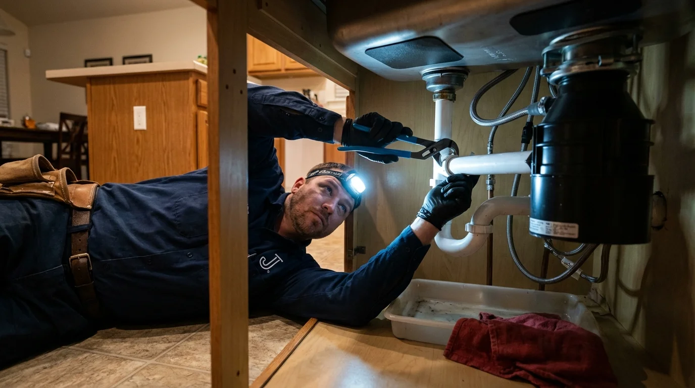 P-trap and supply line connections under a kitchen sink showing a common leak point in Hicksville, NY
